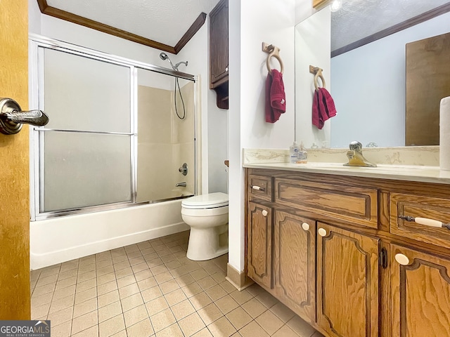 full bathroom featuring ornamental molding, a textured ceiling, tile patterned floors, toilet, and combined bath / shower with glass door