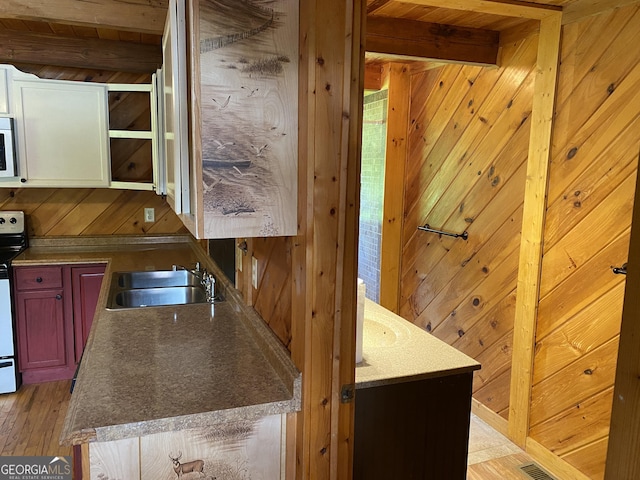 16 Tuts Mountain Rd, Clayton, GA 30525 - kitchen featuring a sink, wooden walls, white microwave, light wood-style floors, and range with electric cooktop