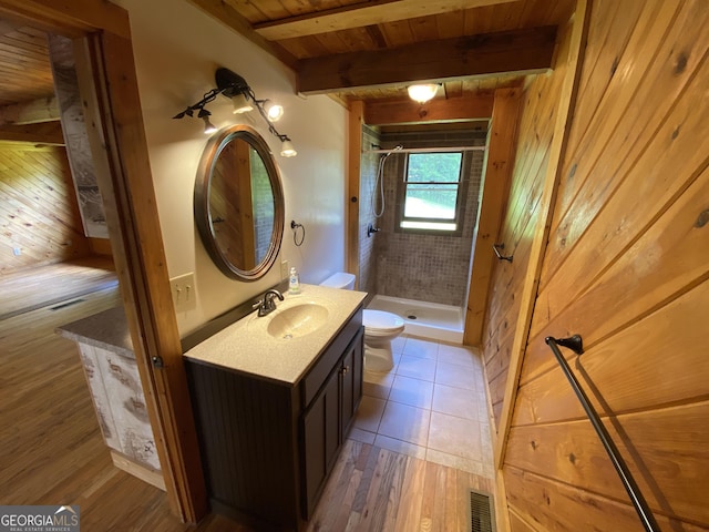 16 Tuts Mountain Rd, Clayton, GA 30525 - full bathroom with toilet, vanity, wood finished floors, a stall shower, and wooden ceiling with exposed beams