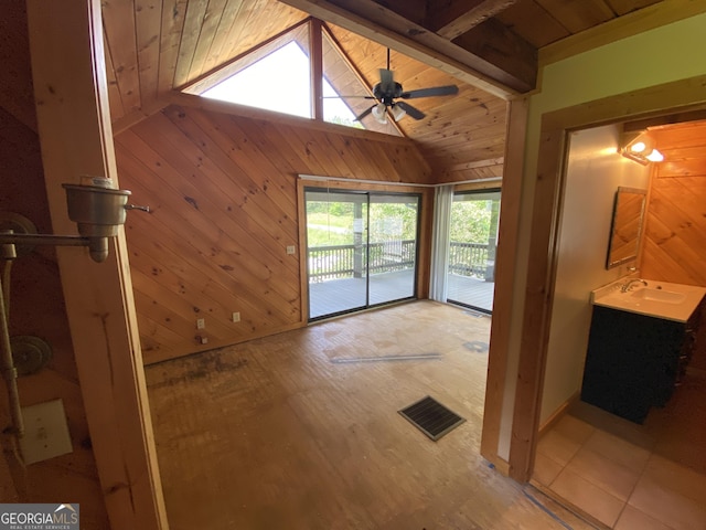 16 Tuts Mountain Rd, Clayton, GA 30525 - unfurnished living room featuring vaulted ceiling, a sink, wood walls, a ceiling fan, and wooden ceiling