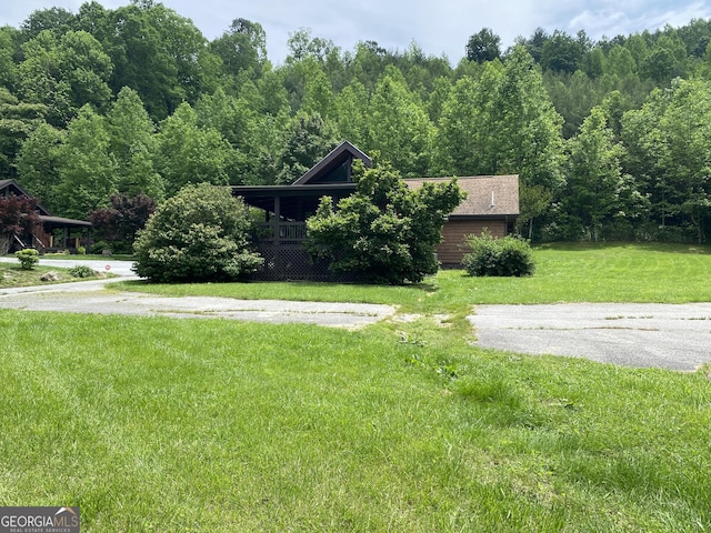 obstructed view of property with a front yard and a view of trees