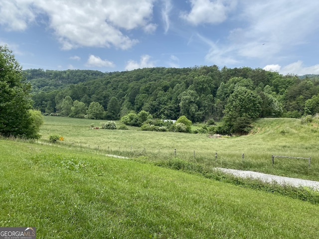 view of mountain backdrop featuring a forest and rural landscape