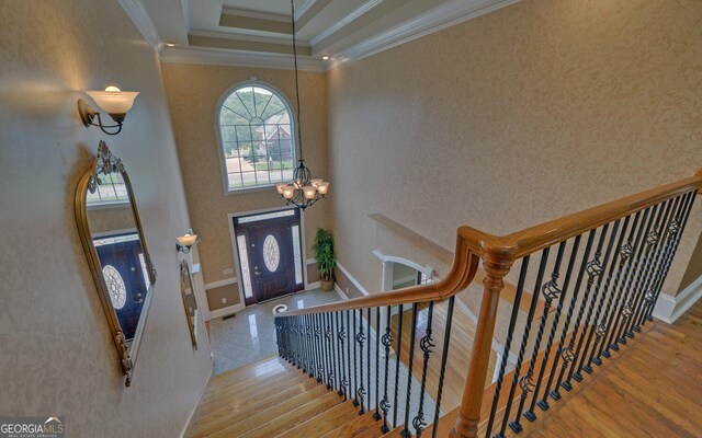 194 Winding Way, Hartwell, GA 30643 - foyer with ornamental molding, wood finished floors, baseboards, a raised ceiling, and a towering ceiling