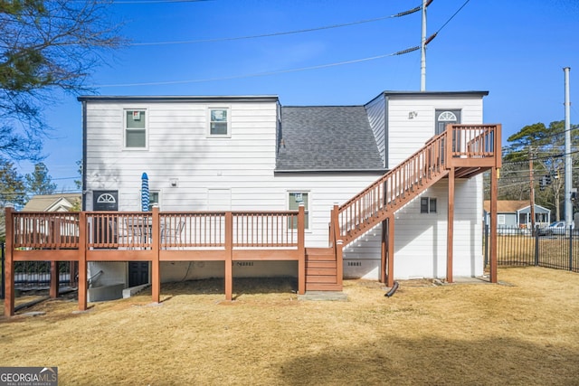 1831 Dresden Dr, Brookhaven, GA 30319 - back of house with roof with shingles, a wooden deck, stairs, and fence