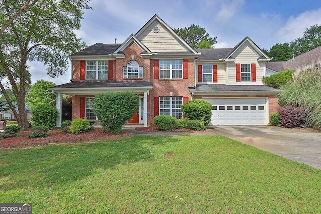 1280 Chandler Ridge Dr, Lawrenceville, GA 30045 - view of front of home with driveway, an attached garage, a front yard, and brick siding