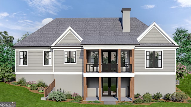 rear view of property featuring a yard, french doors, a chimney, a balcony, and a patio