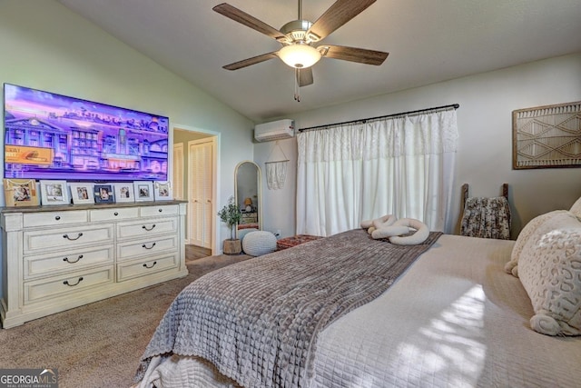 124 Laurel Dr, Barnesville, GA 30204 - bedroom featuring carpet, lofted ceiling, a wall mounted air conditioner, and ceiling fan