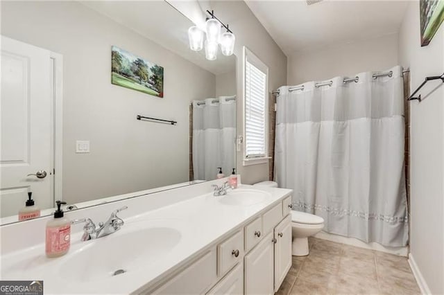 full bath with toilet, double vanity, tile patterned flooring, and curtained shower
