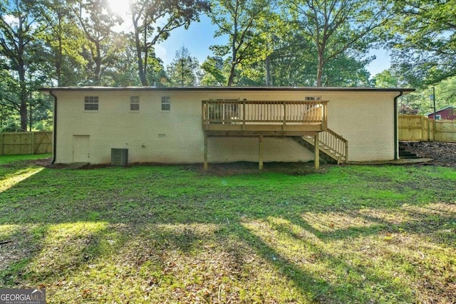 5155 Oakdale Ct, Douglasville, GA 30135 - back of property with stairway, a wooden deck, brick siding, and cooling unit