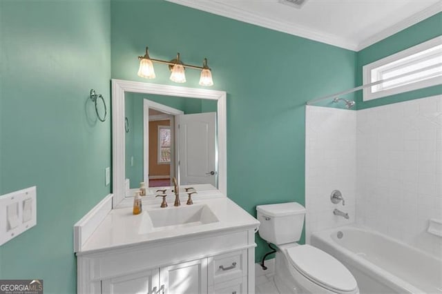 10890 Regal Frst, Suwanee, GA 30024 - full bathroom featuring toilet, vanity, ornamental molding, and bathtub / shower combination