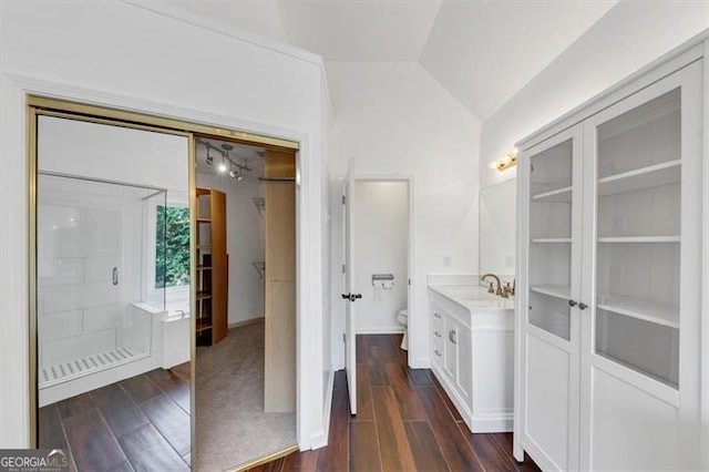 10890 Regal Frst, Suwanee, GA 30024 - bathroom featuring wood finished floors, toilet, lofted ceiling, french doors, and vanity