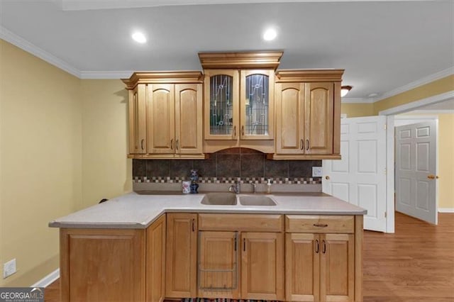 10890 Regal Frst, Suwanee, GA 30024 - kitchen with a peninsula, a sink, decorative backsplash, light countertops, and ornamental molding