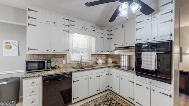 2628 Hickory Trl, Snellville, GA 30078 - kitchen featuring black appliances, a sink, a ceiling fan, and white cabinets