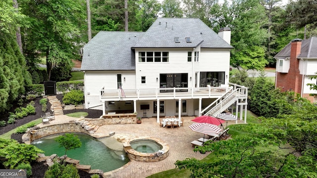 520 Flying Scot Way, Alpharetta, GA 30005 - rear view of house featuring stairs, an in-ground hot tub, roof with shingles, a patio area, and a deck