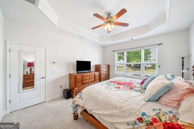 306 Cherokee Station Cir, Woodstock, GA 30188 - bedroom featuring crown molding, a tray ceiling, carpet flooring, and a ceiling fan