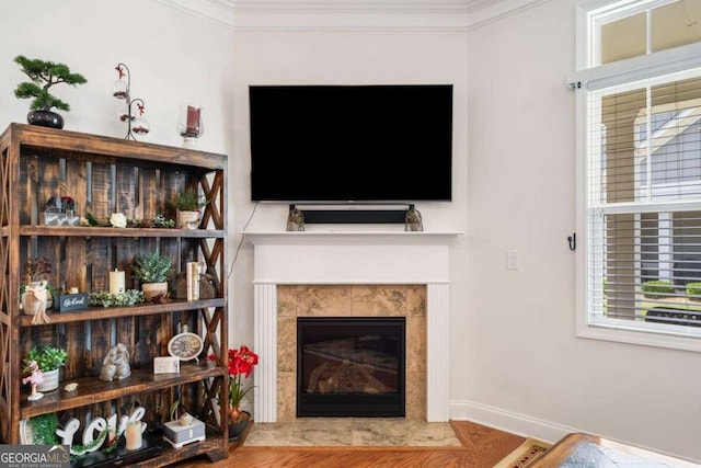 306 Cherokee Station Cir, Woodstock, GA 30188 - living room with a tile fireplace and ornamental molding
