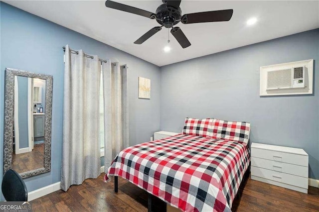 bedroom with wood finished floors, baseboards, a ceiling fan, and recessed lighting