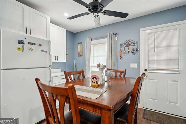 dining space featuring ceiling fan and recessed lighting