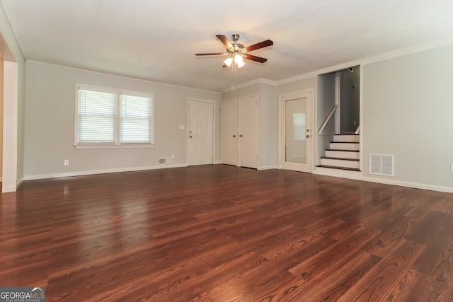 5243 Valleyview Dr, Acworth, GA 30102 - unfurnished living room with a ceiling fan, stairway, and dark wood-style flooring