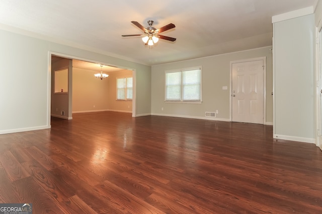 5243 Valleyview Dr, Acworth, GA 30102 - spare room with a chandelier, a ceiling fan, and dark wood-type flooring