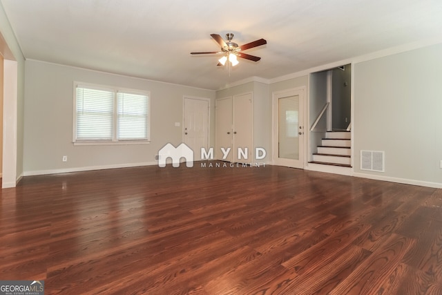 5243 Valleyview Dr, Acworth, GA 30102 - unfurnished living room with ceiling fan, stairs, wood finished floors, and ornamental molding