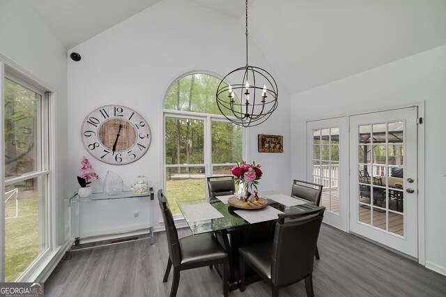 20 Allie Dr, Mcdonough, GA 30252 - dining room with high vaulted ceiling, dark wood finished floors, a chandelier, and plenty of natural light