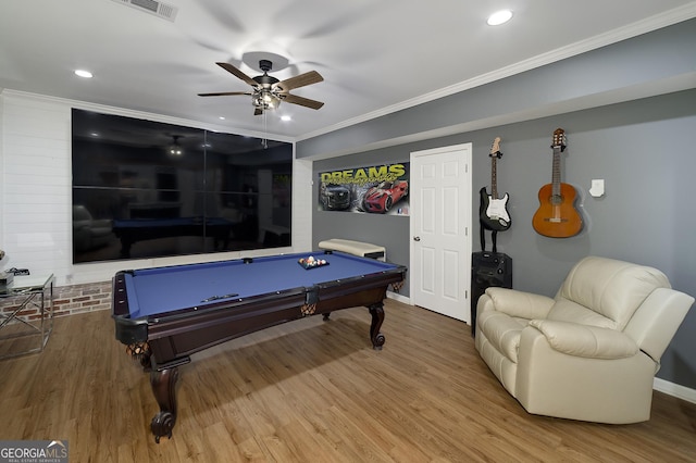 20 Allie Dr, Mcdonough, GA 30252 - playroom with billiards, ceiling fan, wood finished floors, ornamental molding, and recessed lighting