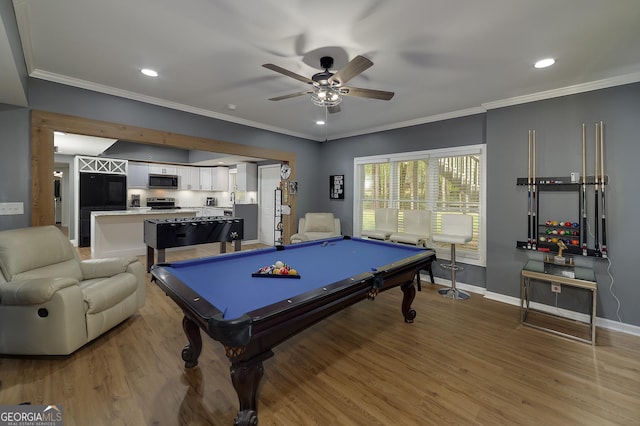 20 Allie Dr, Mcdonough, GA 30252 - playroom featuring ceiling fan, pool table, light wood finished floors, ornamental molding, and baseboards