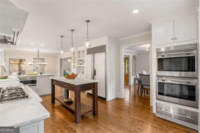 1041 Standard Dr, Brookhaven, GA 30319 - kitchen with appliances with stainless steel finishes, a warming drawer, light countertops, white cabinetry, and ornamental molding