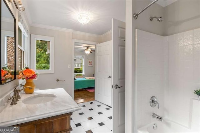 1041 Standard Dr, Brookhaven, GA 30319 - ensuite bathroom with tile patterned floors, shower / bathtub combination, vanity, ornamental molding, and ceiling fan