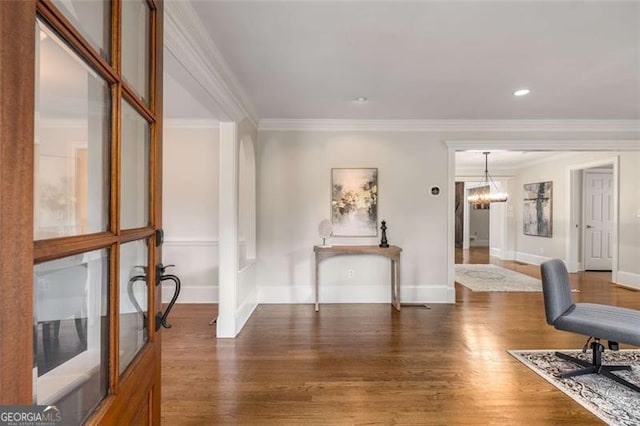 1041 Standard Dr, Brookhaven, GA 30319 - home office with a chandelier, ornamental molding, wood finished floors, baseboards, and recessed lighting