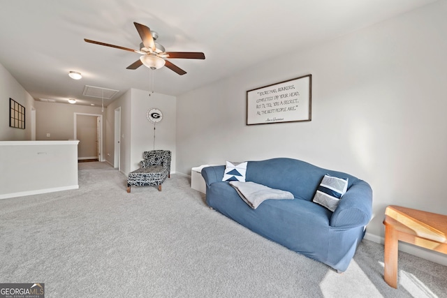 433 Crystal Way, Cornelia, GA 30531 - carpeted living room with attic access, ceiling fan, and baseboards