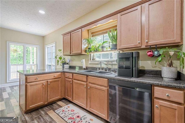 188 Cooper Creek Dr, Dallas, GA 30157 - kitchen with dishwasher, a sink, a peninsula, a textured ceiling, and dark countertops
