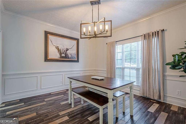 188 Cooper Creek Dr, Dallas, GA 30157 - dining area featuring a chandelier, a textured ceiling, dark wood-style floors, crown molding, and a wainscoted wall