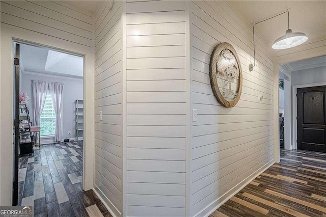 188 Cooper Creek Dr, Dallas, GA 30157 - hall featuring wood walls, crown molding, dark wood finished floors, and baseboards