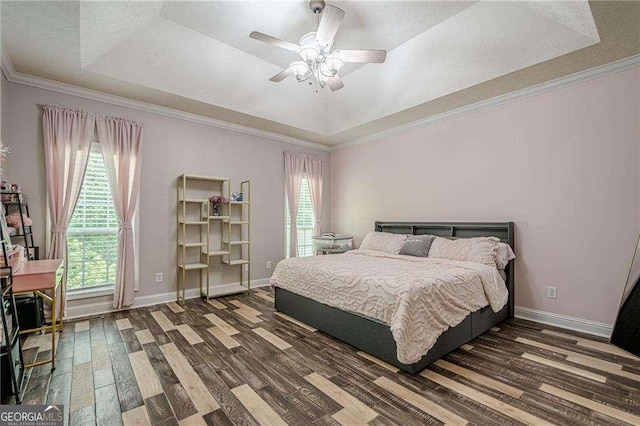 188 Cooper Creek Dr, Dallas, GA 30157 - bedroom featuring a tray ceiling, wood finished floors, multiple windows, a textured ceiling, and crown molding