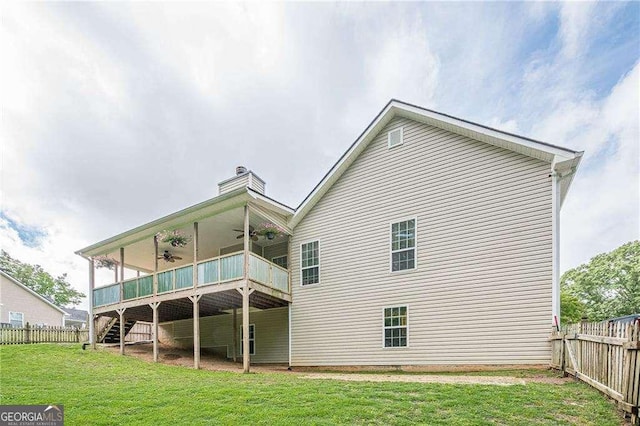 188 Cooper Creek Dr, Dallas, GA 30157 - rear view of property with a ceiling fan, stairs, a deck, and a chimney