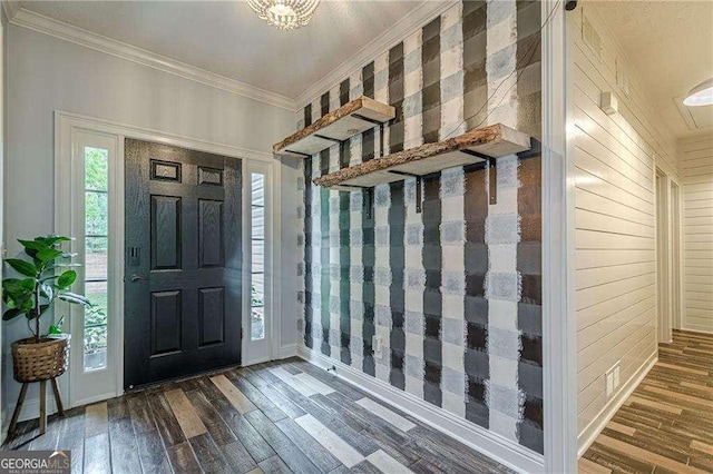188 Cooper Creek Dr, Dallas, GA 30157 - foyer entrance with wood finished floors, ornamental molding, baseboards, and wallpapered walls