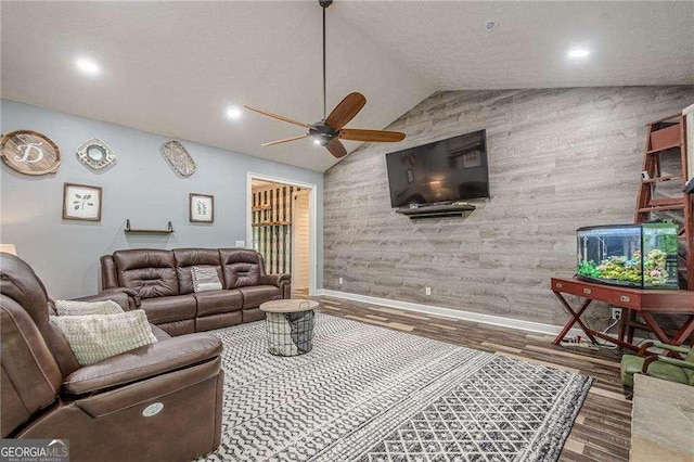 188 Cooper Creek Dr, Dallas, GA 30157 - living room featuring a ceiling fan, wood finished floors, vaulted ceiling, recessed lighting, and baseboards