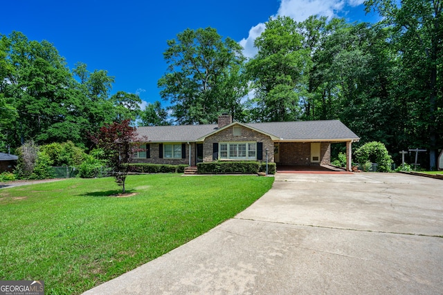 347 Brookridge Dr, Lagrange, GA 30241 - ranch-style home featuring driveway, a front lawn, brick siding, a chimney, and a carport
