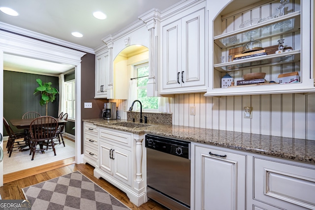 347 Brookridge Dr, Lagrange, GA 30241 - kitchen featuring stainless steel dishwasher, a sink, white cabinets, crown molding, and dark wood-type flooring