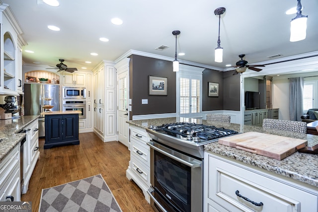 347 Brookridge Dr, Lagrange, GA 30241 - kitchen featuring a ceiling fan, appliances with stainless steel finishes, ornamental molding, decorative light fixtures, and dark wood finished floors