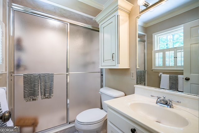 347 Brookridge Dr, Lagrange, GA 30241 - full bathroom featuring ornamental molding, a shower stall, toilet, and vanity