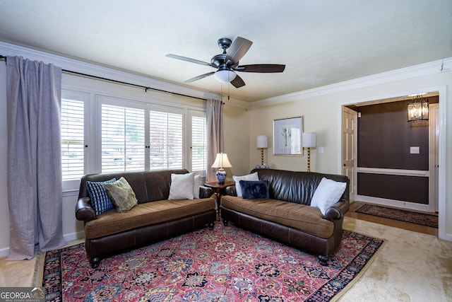 347 Brookridge Dr, Lagrange, GA 30241 - living area featuring carpet flooring, ornamental molding, a ceiling fan, and baseboards