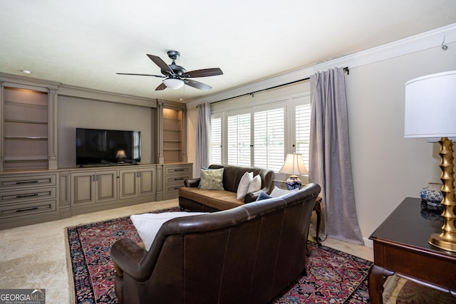 347 Brookridge Dr, Lagrange, GA 30241 - carpeted living area with a ceiling fan and crown molding