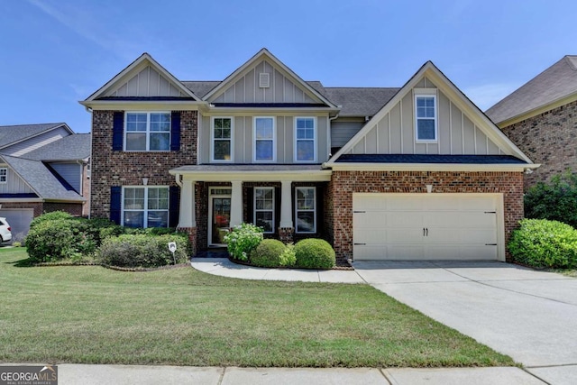 25 Kaktovic Ct, Grayson, GA 30017 - craftsman-style house with board and batten siding, driveway, a front lawn, and brick siding