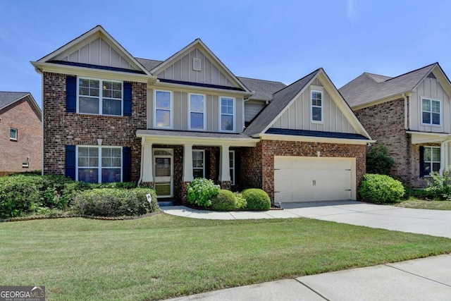 25 Kaktovic Ct, Grayson, GA 30017 - view of front facade with board and batten siding, concrete driveway, a front yard, brick siding, and an attached garage