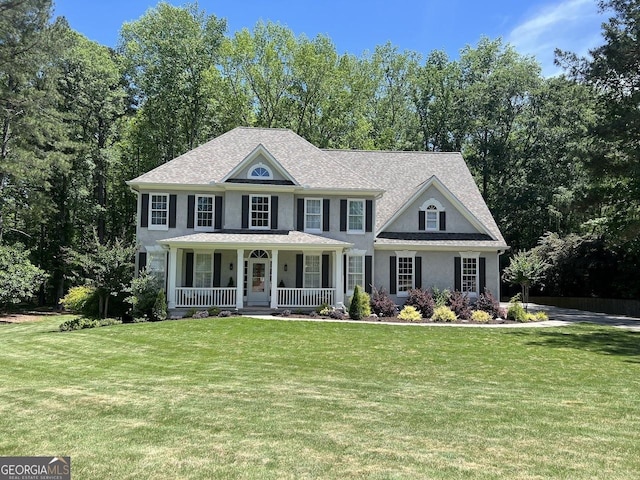 1122 Montclair Dr, Peachtree City, GA 30269 - colonial home featuring a porch, a front yard, and stucco siding
