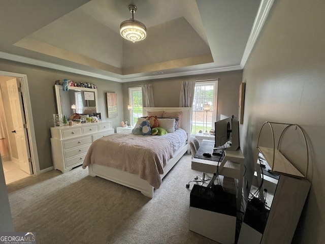 1122 Montclair Dr, Peachtree City, GA 30269 - bedroom with a tray ceiling, light carpet, ornamental molding, and baseboards