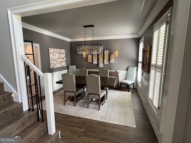 1122 Montclair Dr, Peachtree City, GA 30269 - dining space with stairway, ornamental molding, dark wood-style flooring, and plenty of natural light
